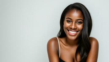 Portrait black skin model woman with white teeth smile, healthy hair and beauty skin on grey background. Generative AI photo