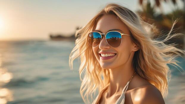 retrato de sonriente joven mujer en Gafas de sol, mar y palma arboles en el antecedentes. generativo ai foto