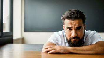 triste hombre sentar a mesa, toque frente siente confuso tiene negocio o computadora problemas. malo Noticias problemas concepto. malo Noticias concepto. generativo ai foto