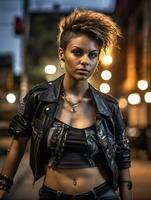 Young punk girl in leather clothes on an abandoned city street. Generative AI photo