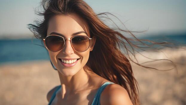 retrato de sonriente joven mujer en Gafas de sol, mar y palma arboles en el antecedentes. generativo ai foto