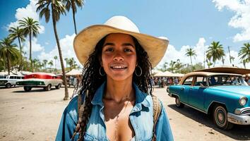 Cuban girl in hat and jeans blouse standing outside in front of an old cars and palms. Generative AI photo