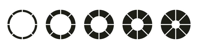 Wheels round divided in twelve sections. Donut charts or pies segmented on 8 equal parts. Geometric element. Diagrams infographic set. Circle section graph. Pie chart icons. Vector illustration.