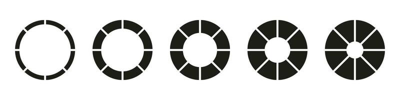 Wheels round divided in twelve sections. Donut charts or pies segmented on 8 equal parts. Geometric element. Diagrams infographic set. Circle section graph. Pie chart icons. Vector illustration.