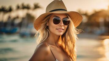 Beautiful young blond woman in hat and sunglasses, sea, palms on the background. Generative AI photo