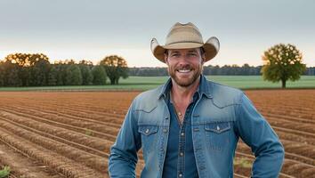 Man farmer in cowboy hat and denim jeans suit at agricultural field. Generative AI photo