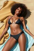 Beautiful young black skin woman in a bikini lying on the beach on a beach towel. Generative AI photo