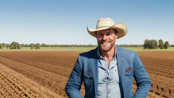 Man farmer in cowboy hat and denim jeans suit at agricultural field. Generative AI photo