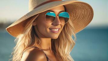 Beautiful young blond woman in hat and sunglasses, sea, palms on the background. Generative AI photo