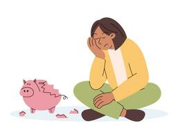 Saving money concept. Sad cartoon woman with empty broken piggy bank. Poverty and lack of finances. Vector isolated flat illustration.