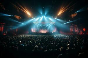 Ai generative Crowded Concert Stage Scenery With Spotlights and Colored Lights realistic image, ultra hd photo