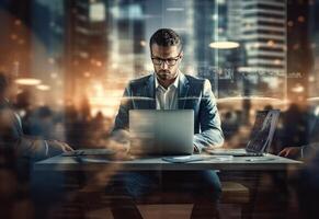 Ai generative double exposure photo of a business man using laptop on his desk front view office background realistic image, ultra hd, high design very detailed
