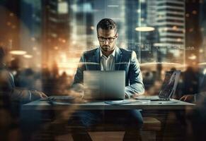Ai generative double exposure photo of a business man using laptop on his desk front view office background realistic image, ultra hd, high design very detailed