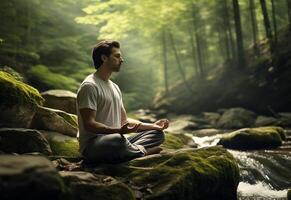 ai generative photo of a man practicing mindfulness and meditation in a peaceful natural environment sony A7s realistic image, ultra hd, high design very detailed