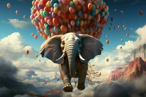 Elephant soars with balloon companions, blending reality and fantasy in captivating harmony AI Generated photo