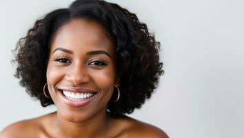 Portrait black skin model woman with white teeth smile, healthy hair and beauty skin on grey background. Generative AI photo