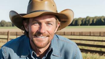 retrato de sonriente hombre granjero en vaquero sombrero a agrícola campo. generativo ai foto