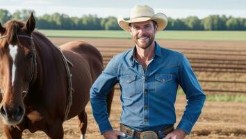 retrato de sonriente hombre granjero en vaquero sombrero y caballo a agrícola campo. generativo ai foto