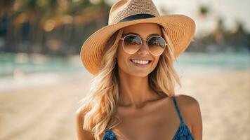 Beautiful young blond woman in hat and sunglasses, sea, palms on the background. Generative AI photo