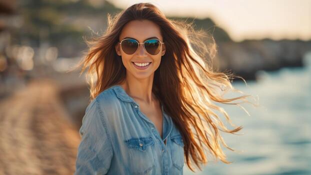 retrato de sonriente joven mujer en Gafas de sol, mar y palma arboles en el antecedentes. generativo ai foto