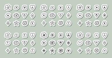 Cute hand drawn sticker set of check and cross mark set with checkboxes in the shape of flower, star, heart, circle, cloud. V, X, yes, no, ok, arrow, exclamation point, star sign for bullet journal vector