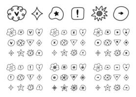 Cute hand drawn check and cross mark set with checkboxes in the shape of flower, star, heart, circle, cloud. V, X, yes, no, ok, arrow, exclamation point, star sign for weekly planner, bullet journal. vector