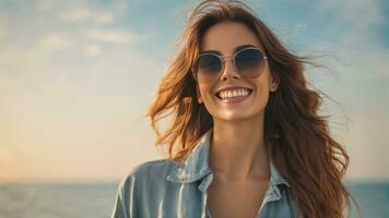 Portrait of smiling young woman in sunglasses, sea and palm trees in the background. Generative AI photo