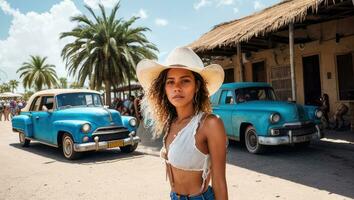 Cuban girl in hat and white top standing outside in front of an old cars, house and palms. Generative AI photo