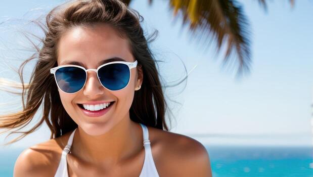 retrato de sonriente joven mujer en Gafas de sol, mar y palma arboles en el antecedentes. generativo ai foto