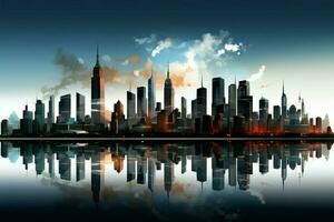 Reflective water unveils dynamic cityscape on October 31st, truly captivating AI Generated photo