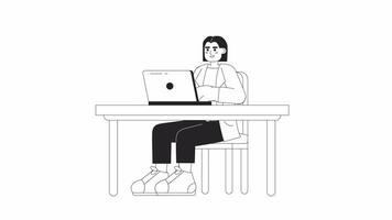 Hispanic female supervisor with laptop sitting bw 2D character animation. Outline cartoon 4K video, alpha channel. Business woman typing keyboard workplace animated person isolated on white background video