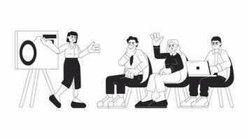 Diverse startup work meeting bw cartoon animation. 4K video motion graphic. Speaker with leg prosthesis, lecture business people 2D monochrome line animated characters isolated on white background