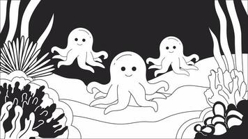 octopussen onderwater- bubbels bw kawaii zie fi geanimeerd achtergrond. marinier leven diep zee tekenfilm lofi esthetisch leven behang animatie. chibi schepsels monochroom schattig kilte 4k video beweging grafisch