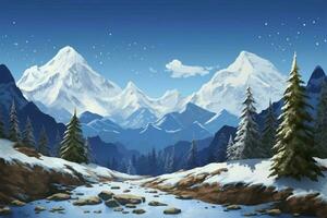 A snowy scene, where mountains and trees meet in peaceful harmony AI Generated photo