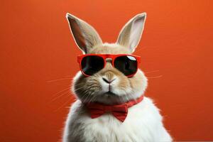 Bunny showcases chic glasses, isolated on a contrasting background AI Generated photo