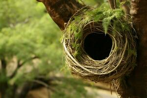 árbol refugios un aves nido, un testamento a aviar artesanía ai generado foto