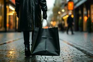 Sidewalk companion a lone black shopping bag on the street AI Generated photo