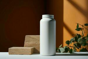 Concrete base supports a pristine white bottle, urban minimalism AI Generated photo