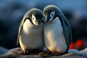 feb 14 deleitar, pingüino parejas amor capturado en un tarjeta postal ai generado foto