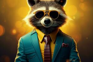 Raccoon in vintage cartoon style, dons blue suit, tie, large glasses AI Generated photo