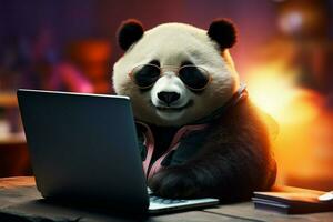 un ordenador portátil compañero, encantador panda, elegante en sus lentes ai generado foto