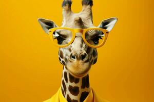 Fashion forward giraffe wears yellow shades in monochrome portrait, oozing style AI Generated photo