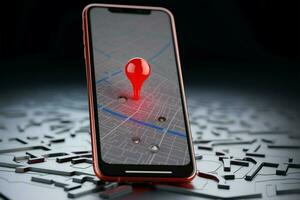 3D rendering, Smartphone displays red map pointer icon, screen empty AI Generated photo
