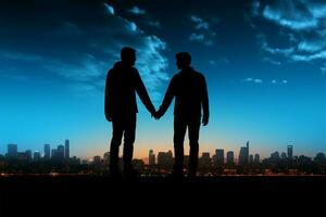 Happy gay couple silhouettes against a cityscape and blue sky AI Generated photo