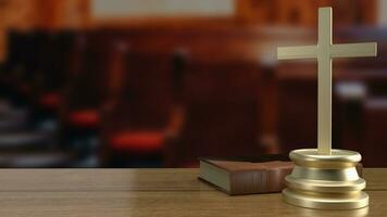 The cross on wood table for religion concept 3d rendering photo