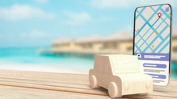 The wood car and mobile for navigator app concept 3d rendering photo