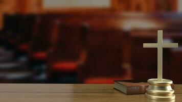 The cross on wood table for religion concept 3d rendering photo