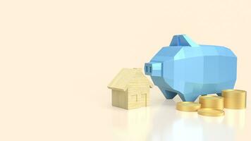 The blue piggy bank and gold coin for house saving concept 3d rendering photo