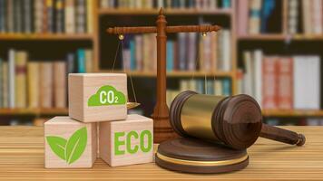 The hammer and eco icon on wood cube for International Law and Environment Law 3d rendering photo