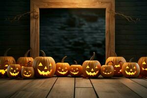 Jack o lantern pumpkins on wooden board background in 3D rendering AI Generated photo